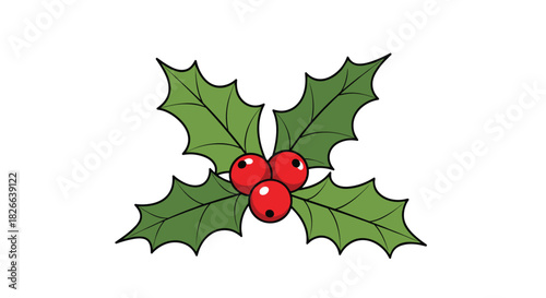 Christmas holly sprig with three vibrant red berries and green spiky leaves, a classic holiday decoration.