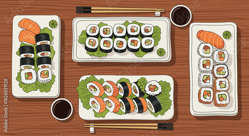 Japanese sushi platter, with salmon nigiri, maki, and uramaki rolls, served with soy sauce, wasabi, and chopsticks on a wooden table.