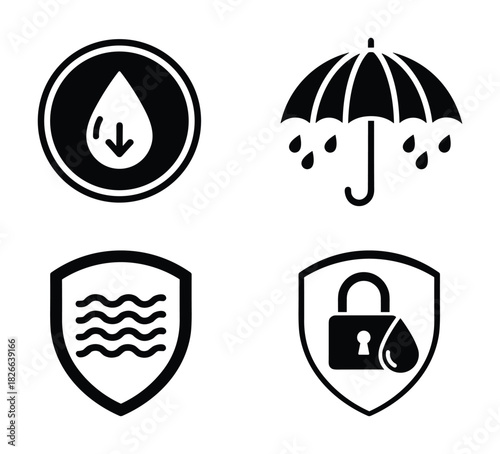 Essential water protection icons including a droplet with an arrow, umbrella with rain, and wave shields