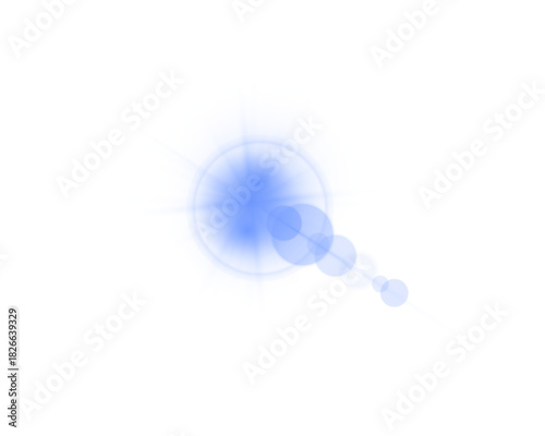 Blue sunlight lens flare, sun flash with rays and spotlight. Burst explosion on a white background. Vector illustration.
