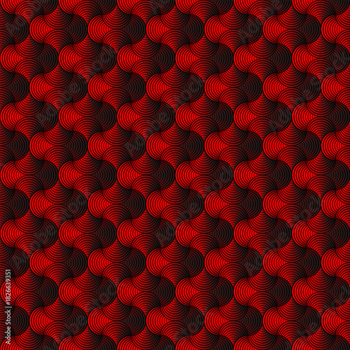Red and black square background. Seamless pattern with outline blended rounds, small petal shape. Ornate tile design