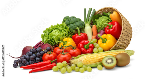 Abundant fresh fruits and vegetables spilling from a woven basket isolated on white background