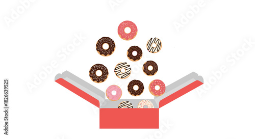 A colorful assortment of delicious, frosted donuts overflows from an open red box, creating a tempting and playful scene.