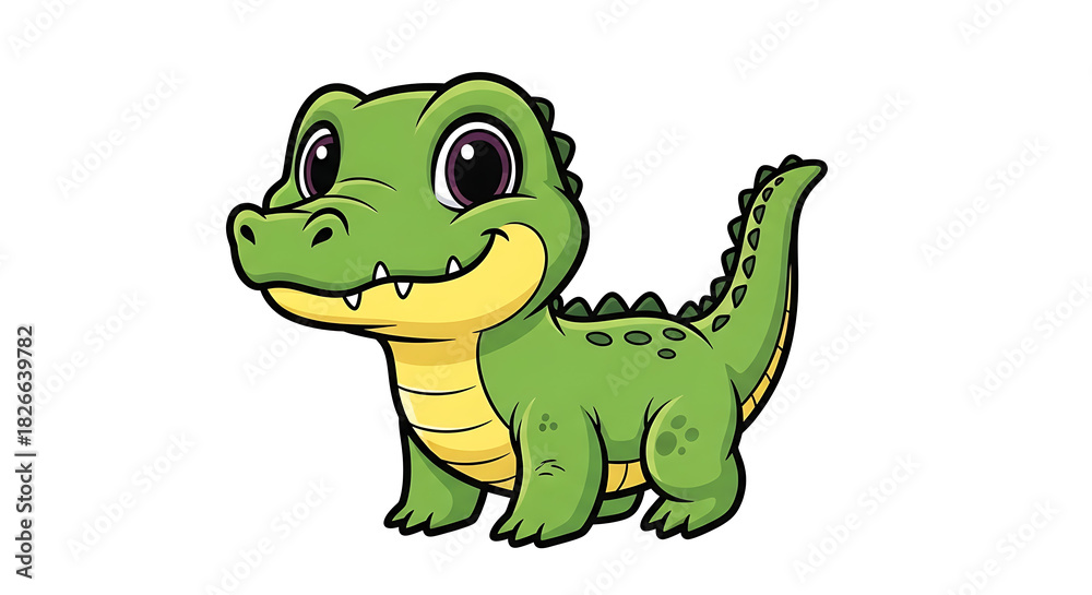 Fototapeta premium Cute cartoon baby alligator with big eyes and a happy smile isolated on white background