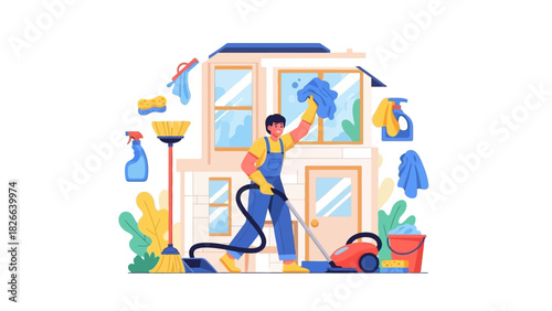 Professional male cleaner tidying up a modern house, performing various domestic chores with essential tools like a vacuum and mop