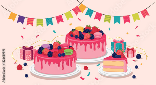 Colorful birthday celebration with pink drip cakes, fresh berries, macarons, gifts, and festive decorations on a light background.