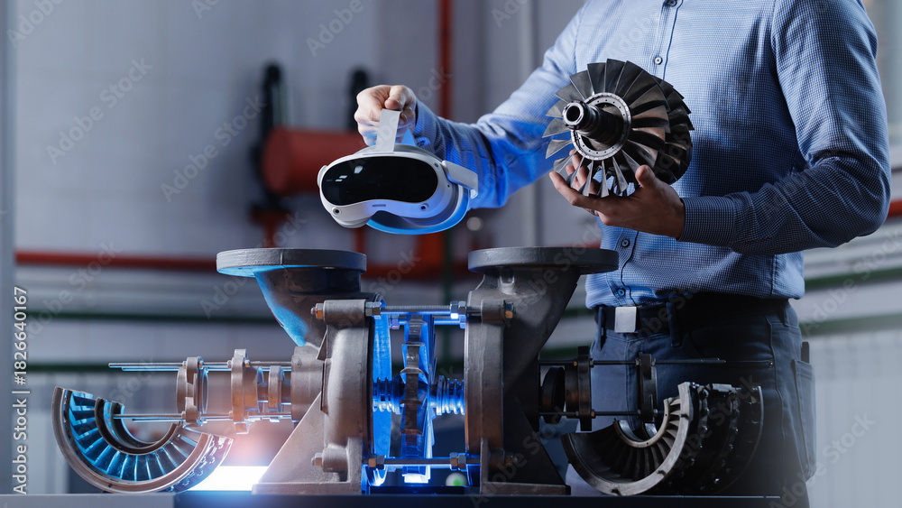Fototapeta premium Male engineer using vr technology to inspect industrial machinery in a factory setting