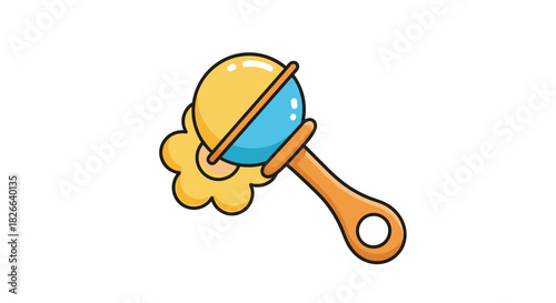 A colorful baby rattle with a cheerful design, perfect for stimulating an infant's senses and providing playful entertainment.