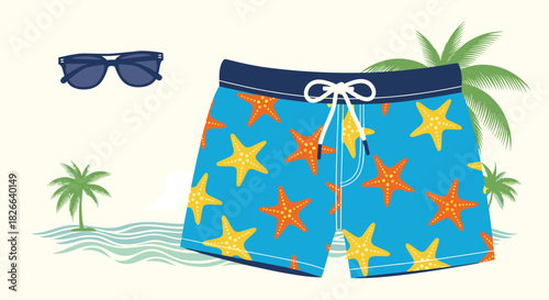 Colorful blue swim shorts with orange and yellow starfish, sunglasses, and palm trees, depicting a fun summer beach vacation.