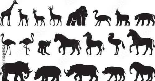 Animal and wildlife silhouette icon set. Vector glyph pictograms of camel, horse, elephant, safari creature, jungle mammal, desert beast, nature strength, ecological symbol black silhouette