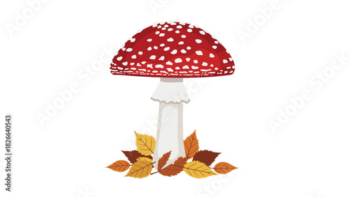 Charming fly agaric mushroom illustration with autumn leaves creating a whimsical forest vibe, perfect for seasonal designs and nature-inspired projects