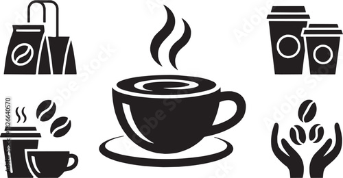 Food and beverage icon set. Vector glyph pictograms of soup, coffee, ice cream, pizza, burger, and drink silhouettes