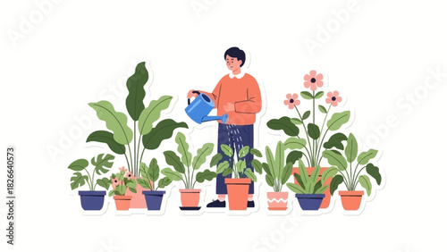 A character illustration shows a man lovingly caring for his diverse collection of green indoor plants, watering them with a blue can