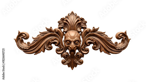 Antique decorated wooden door design with lion head and floral elements on ancient carved wood texture background