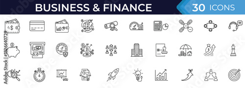 Business and finance icon set. Vector pictograms of money, banking, investment, growth, management, analytics, trading, currency, success and strategy illustration