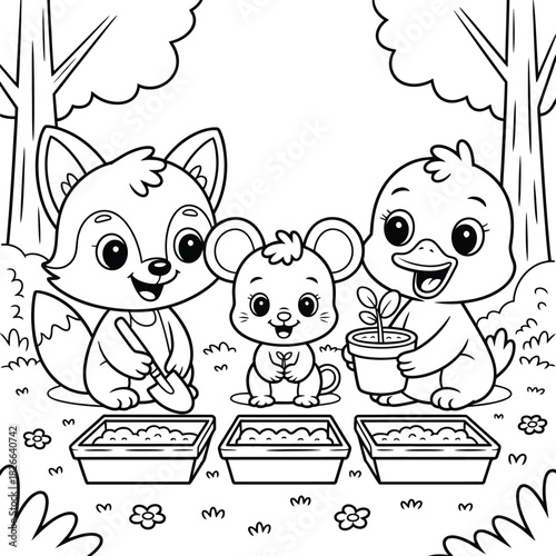 Adorable cartoon animals planting seeds and taking care of a small garden isolated on white background, Vector, illustration