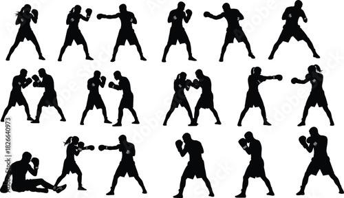 Boxer silhouette vector, fighting stance illustration, punching and sparring poses, black graphic art, combat sports design, training clipart