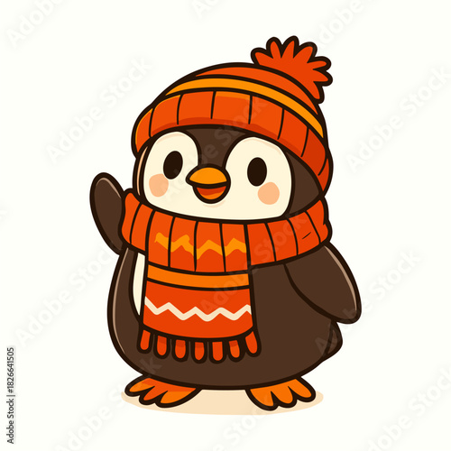 Cartoon penguin wearing a hat and scarf waving