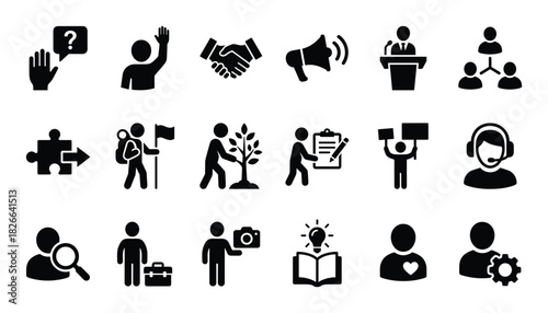 Human interaction and community icons including question, raised hand, handshake, and megaphone
