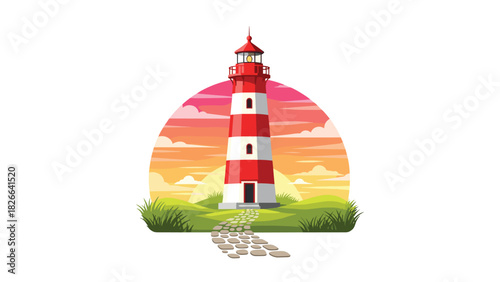Charming red and white lighthouse scene with stone path at sunset evokes a sense of hope and guidance, perfect for travel and coastal themes