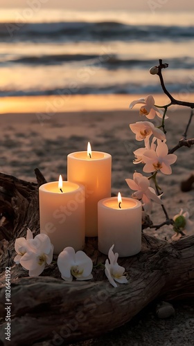 Serene beach sunset with lit candles and flowers