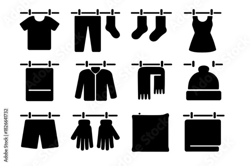 Clothesline Icon Set. Clothesline items. Solid icon set of clothesline items: t-shirt, pants, socks, dress, towel, jacket, scarf, hat, shorts,