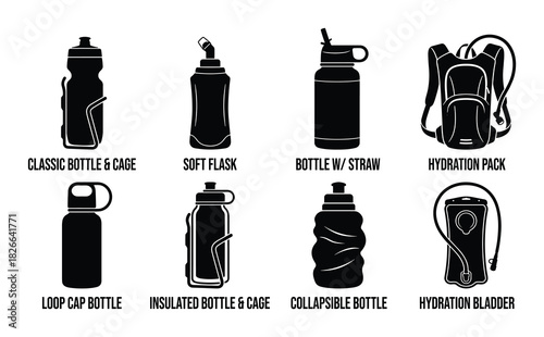 Hydration gear for active lifestyles including bottles, flasks, and packs in black silhouette vector icons