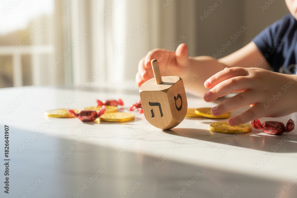 Obraz premium Child's hands spinning a wooden dreidel on a white table. Playing a traditional Hanukkah game with chocolate gelt. Jewish holiday celebration concept