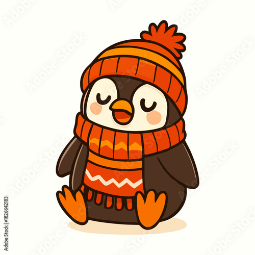 A cute penguin wears a hat and scarf for winter