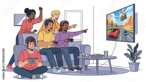 Group of Youngsters Enjoying Video Games on a Cozy Couch Together