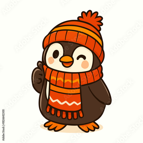 Cartoon penguin in winter hat and scarf winking