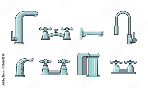 Plumbing faucets and water taps icon set