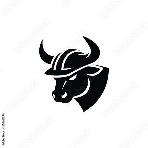 Mascot of a bull's head wearing a safety hard hat, symbolizing industry power isolated on white background, Vector, illustration