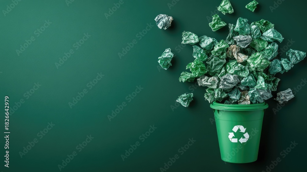Naklejka premium Recycled paper crumples emerging from green recycling cup representing eco-friendly practices and waste management solutions
