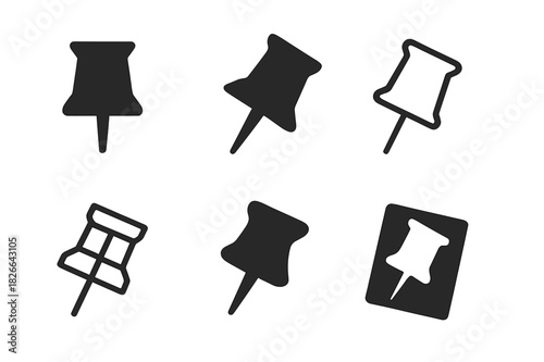 Corkboard Pin Logos. Corkboard pin. Icon set. Set Logo of Corkboard pin: Pin piercing corkboard. harmonious logo variations of the same emblematic concept