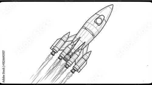 Detailed black and white vector illustration of a futuristic rocket launching upward, isolated, clean linework
