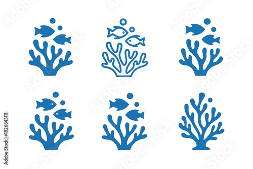 Coral Reef Logos. Coral reefs and marine life ecosystems. Icon set. Set Logo of coral reefs: reef with bubbles and fish. harmonious logo variations of the same