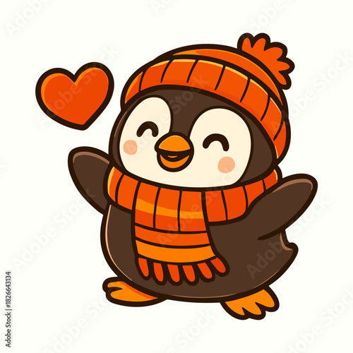 Cute penguin wearing a scarf, hat and an orange heart