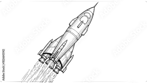 Detailed black and white vector illustration of a futuristic rocket launching upward, isolated, clean linework