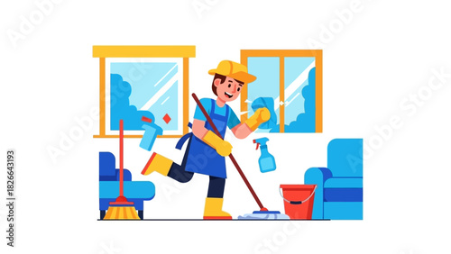 Energetic professional cleaner diligently mops and sprays, making a home sparkling clean and fresh with essential tools