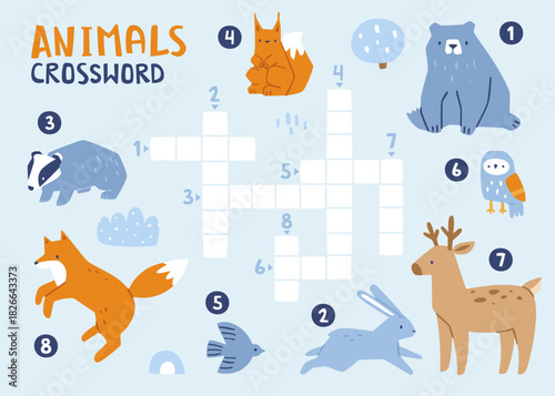 Crossword with cute animals. Mini game for kids with forest animals.