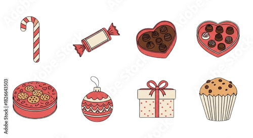 Various Sweets and Treats Candy Cane, Chocolate, Cookies, and Holiday Delights Icons