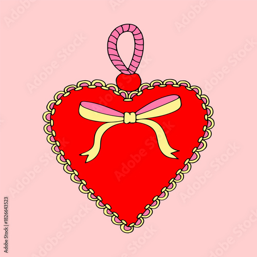 Valentine Day stitched hanging heart with ribbon bow. Hand drawn flat vector. Romantic holiday. Card celebrating love. Doodle illustration.