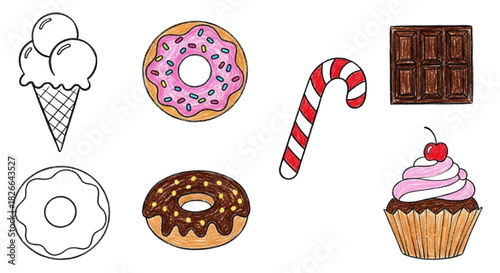 A colorful hand-drawn collection of various sweet desserts and candy icons