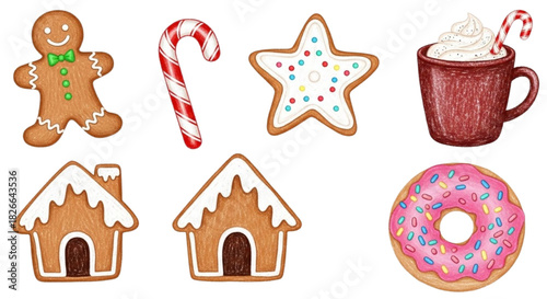 A festive collection of hand-drawn Christmas sweets including gingerbread, cookies, and hot chocolate