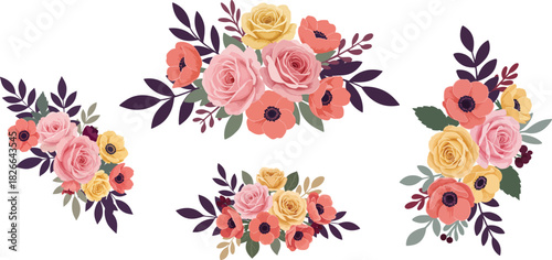 Pink and yellow floral bouquets, vector spring flower arrangements