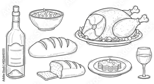 Collection of classic meal components and beverages, hand-drawn vector illustration set perfect for culinary designs and restaurant menus