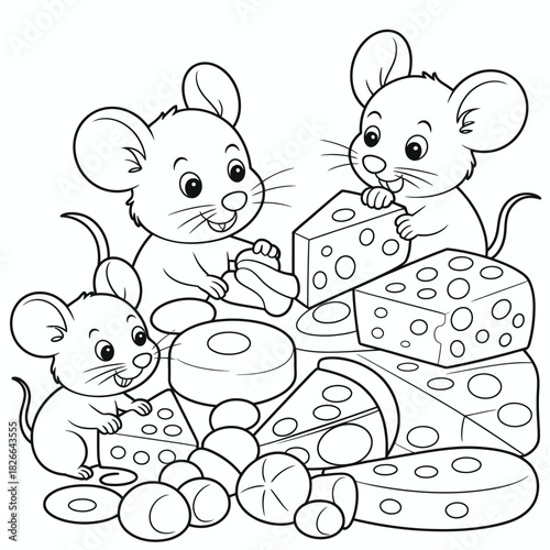 Three happy cartoon mice playing with different types of cheese, coloring page isolated on white background, Vector, illustration