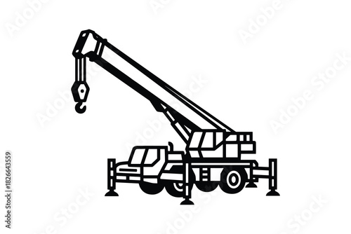 Mobile crane truck with an extended boom and hook used for heavy lifting on construction sites