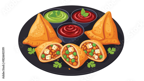 Delicious samosa platter with vibrant chutneys ready for sharing at an Indian feast, perfect for food blogs and restaurant promotions